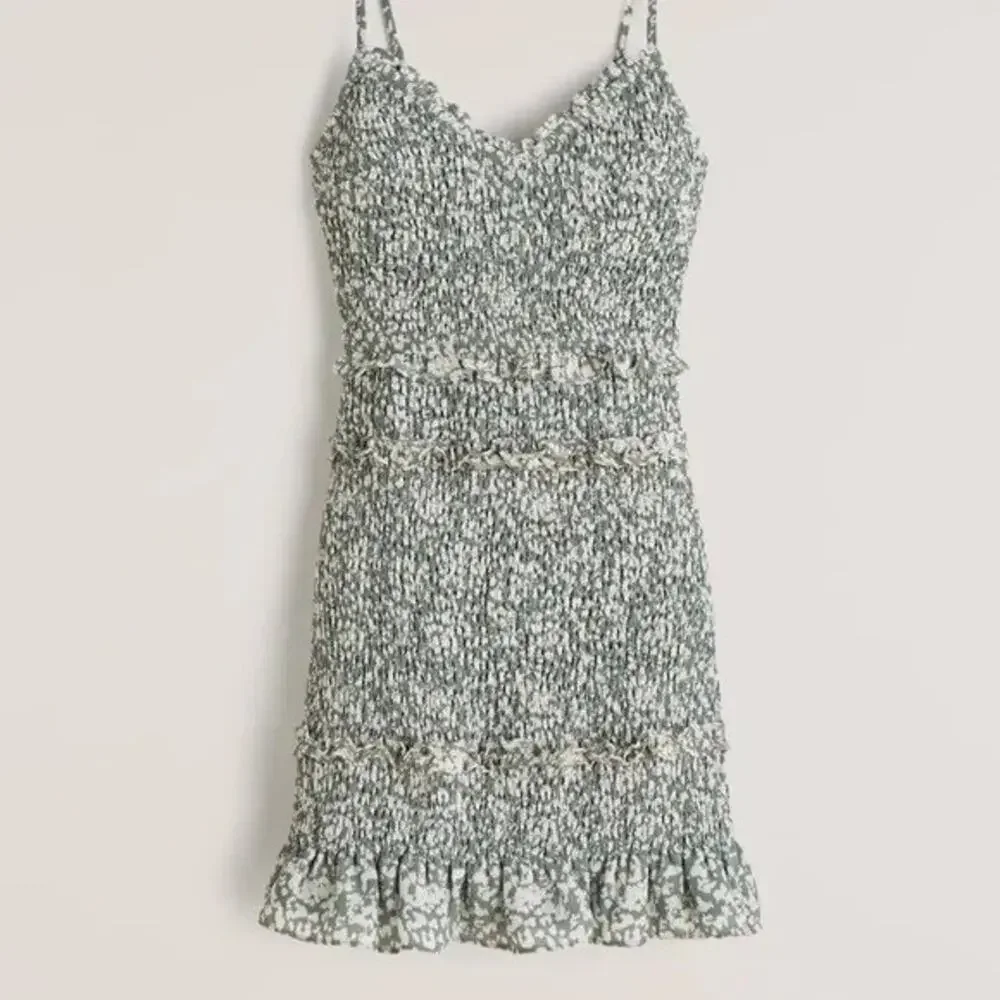 Abercrombie & Fitch Smocked Mini Dress Ruffle Green White Size XLT XL Tall - Picture 3 of 16